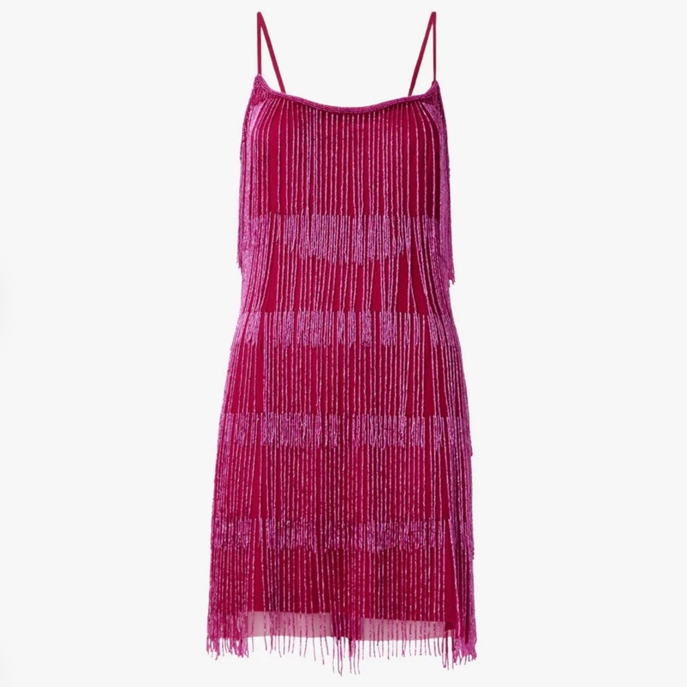 Pink Adrianna Papell HAND-BEADED AND FRINGED SHORT SHIFT COCKTAIL DRESS SIZE 4